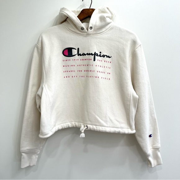 Champion reverse weave cream pink cropped drawstring hoodie medium - Picture 1 of 8